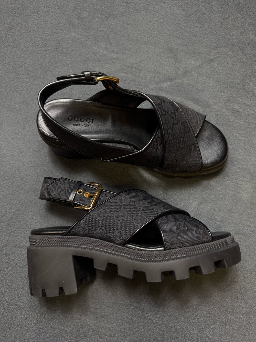 Gucci Black Platform Chunky Sandals with Gold Buckle - almost new